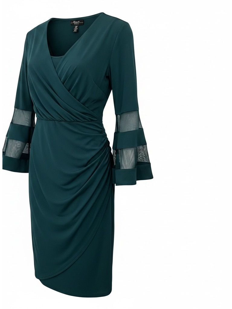R&M Richards Emerald Green Mesh Sleeve Faux Wrap Cocktail Midi Formal Dress
